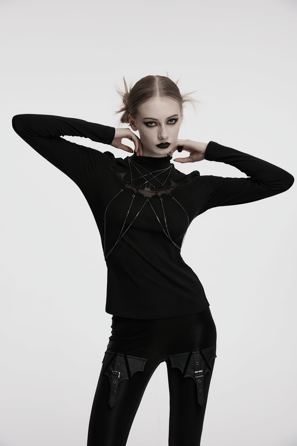 Gothic bat chain long sleeve top with mesh detail, styled for a punk look, featuring unique bat embroidery and chains.