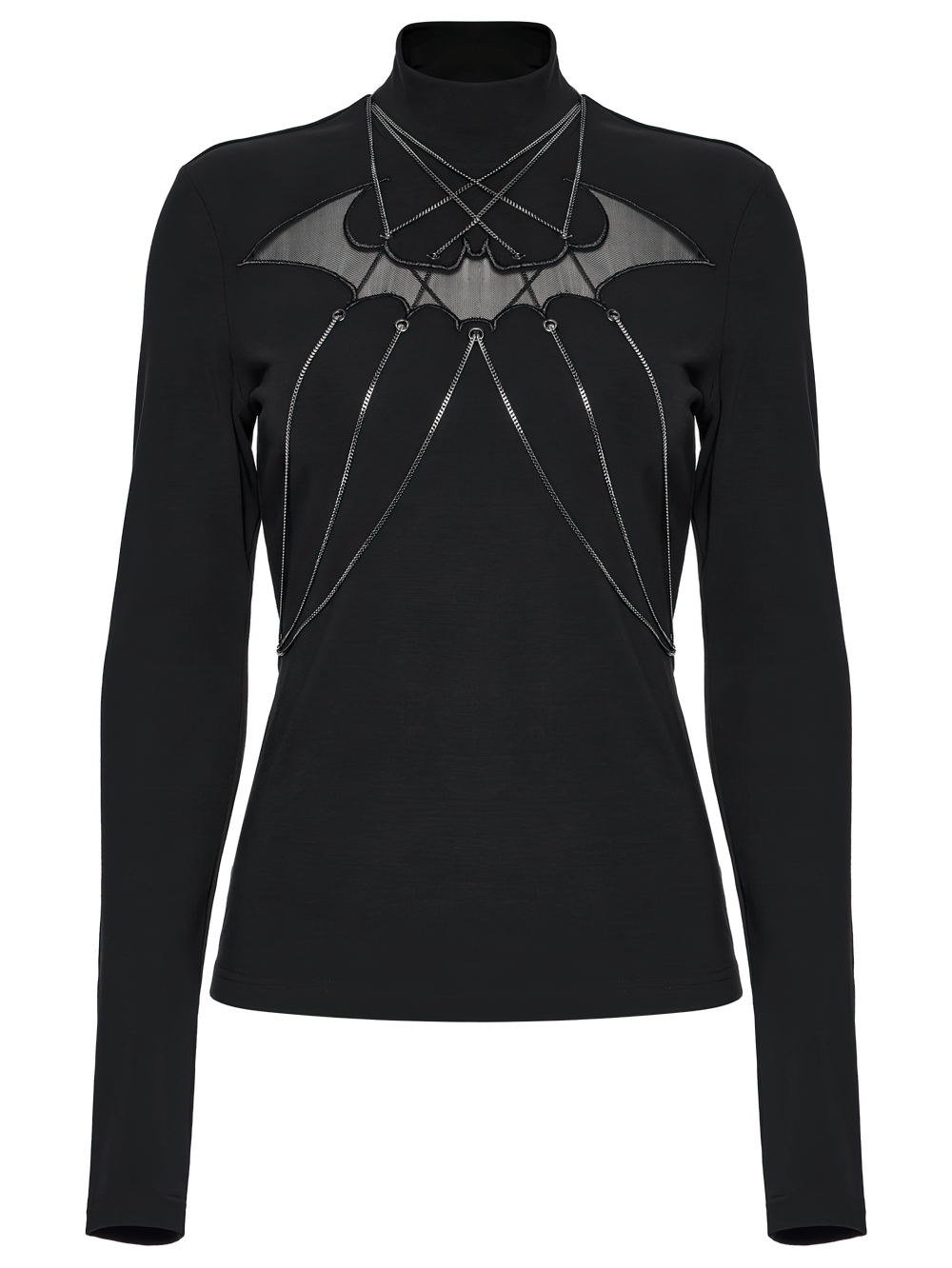 Gothic bat chain long sleeve top with mesh detail, featuring punk bat embroidery and edgy hanging chains.