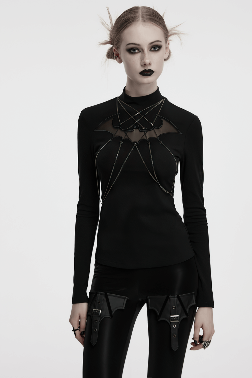 Gothic bat chain long sleeve top with mesh detail, showcasing punk style and edgy design.