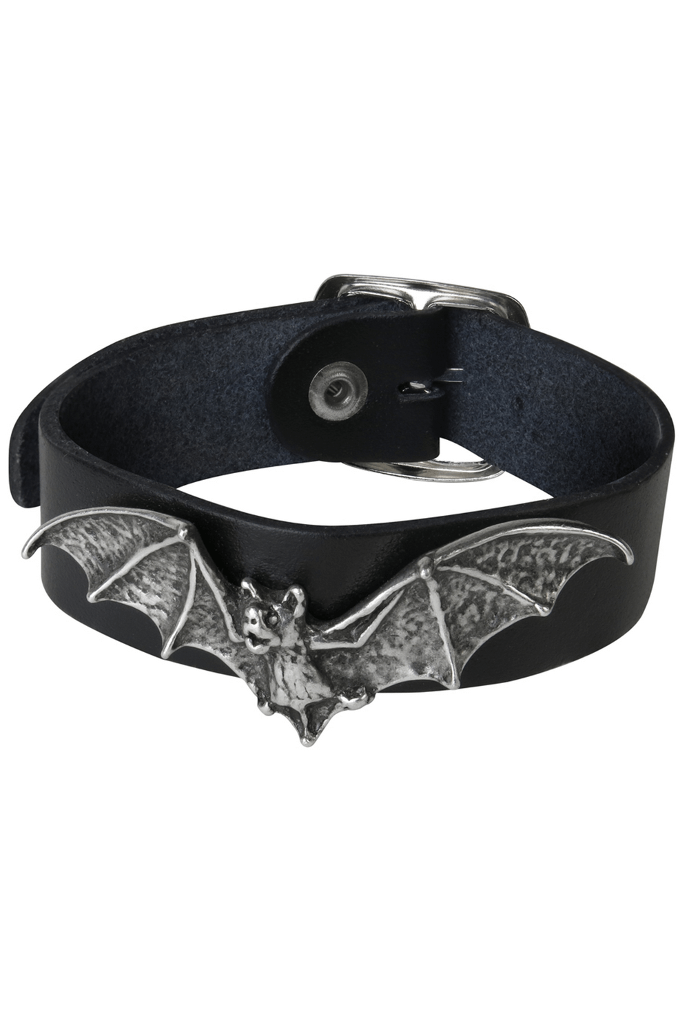 Gothic bat leather wristband with silver buckle, perfect for dark punk and alternative fashion.