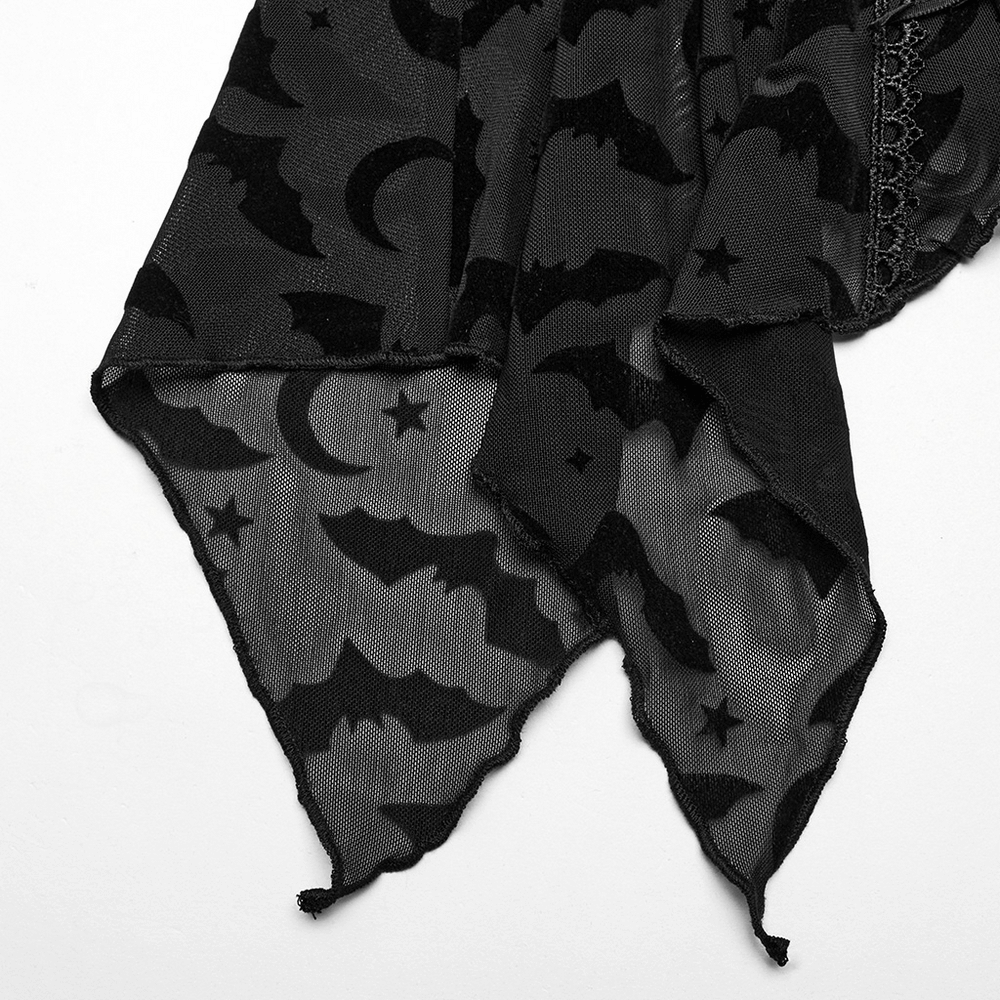 Gothic bat mesh top featuring eerie bat and moon patterns with an irregular hem for a spellbinding look.