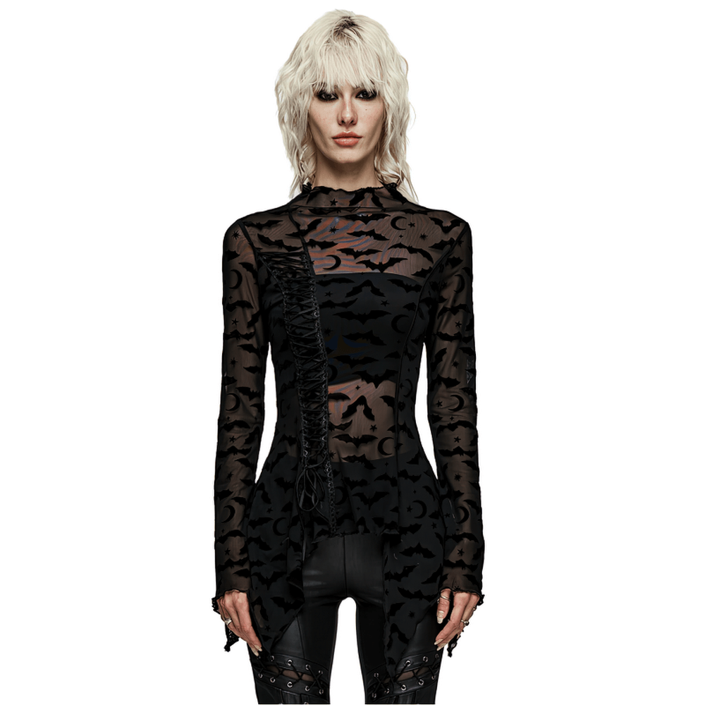 Gothic Bat Mesh Long Sleeve Top with irregular hem and captivating bat design, perfect for punk rave fashion.