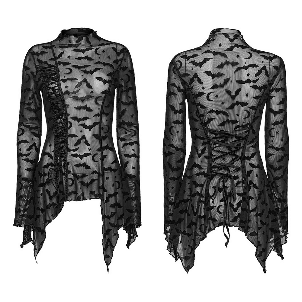 Gothic bat mesh long sleeve top with irregular hem and lace-up back detail, perfect for a punk rave look.