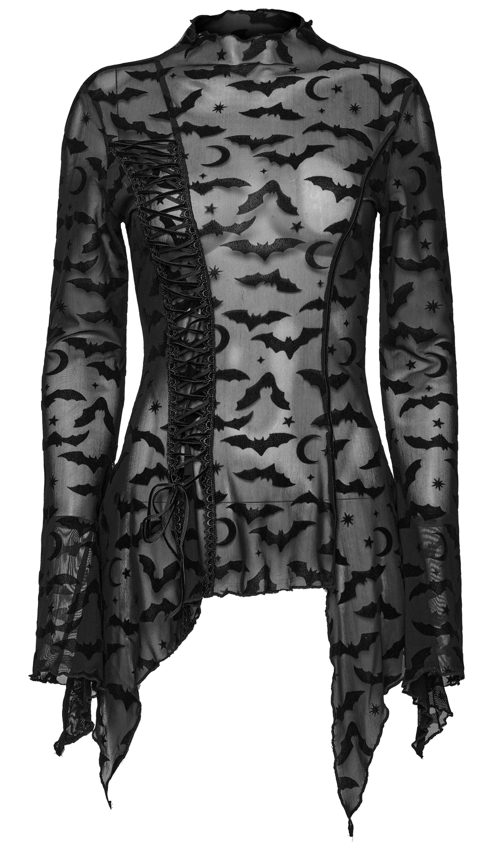 Gothic Bat Mesh Long Sleeve Top with Irregular Hem, featuring bat and star pattern, perfect for a punk rave look.