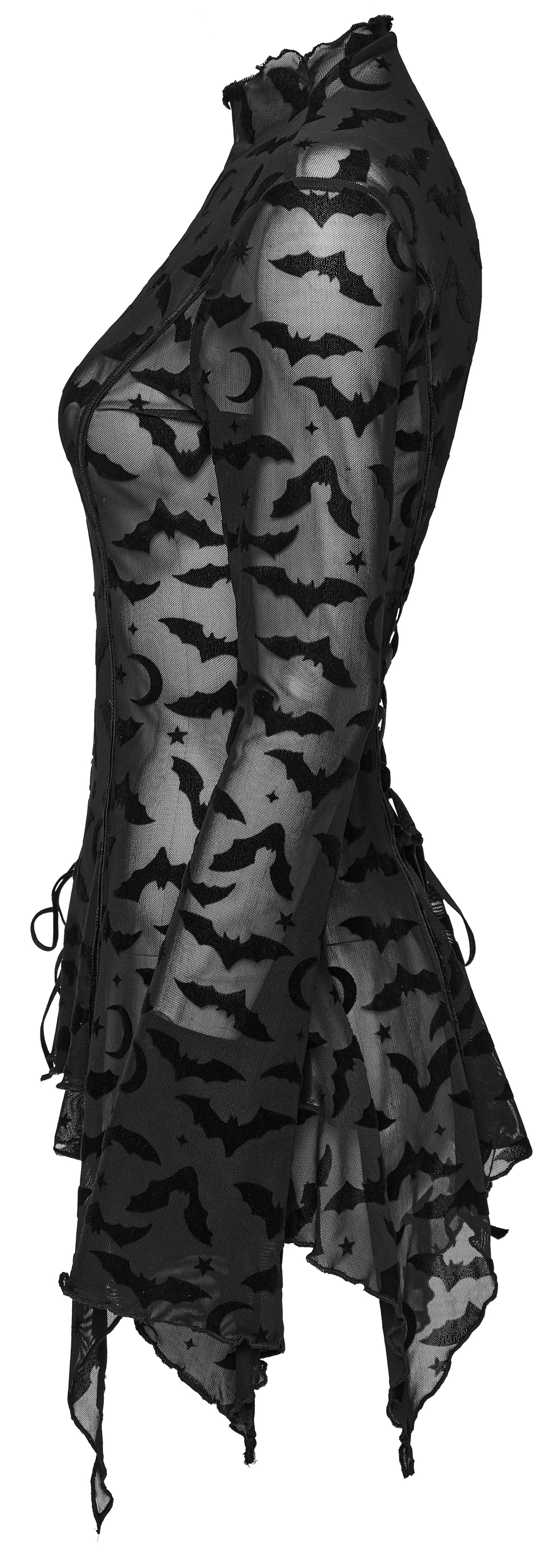 Gothic bat mesh long sleeve top with high collar and irregular hemline, perfect for a punk rave aesthetic.