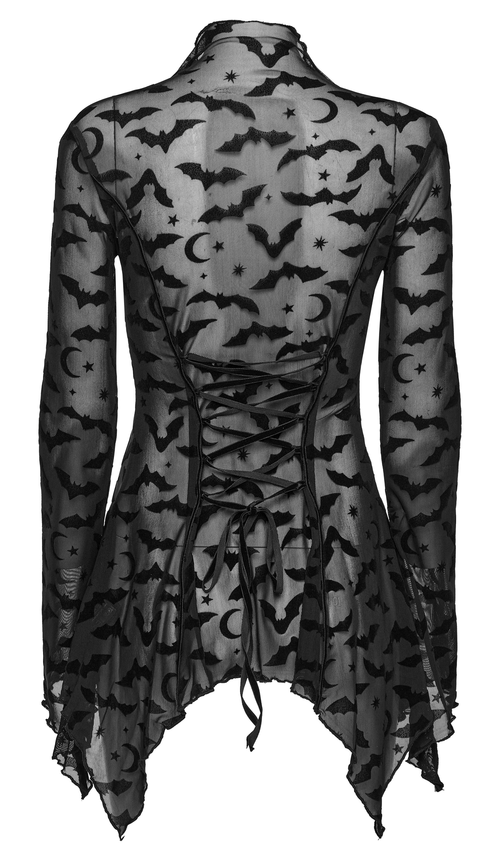 Gothic Bat Mesh Long Sleeve Top with irregular hem, featuring bat and moon patterns, perfect for a dark aesthetic.