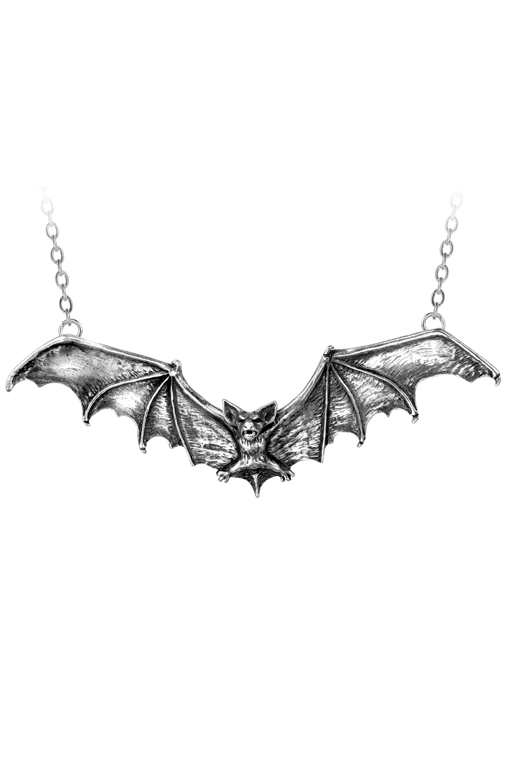 Gothic bat necklace in pewter featuring spreadeagled wings, embodying dark elegance and mystery.