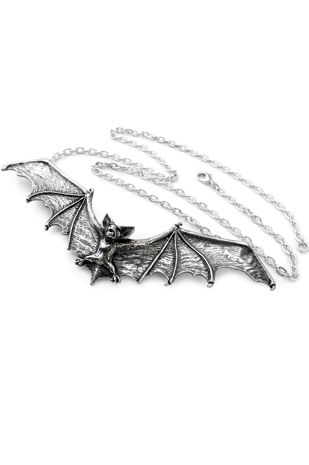 Gothic bat necklace in pewter featuring spreadeagled wings, perfect for embracing the macabre and gothic style.