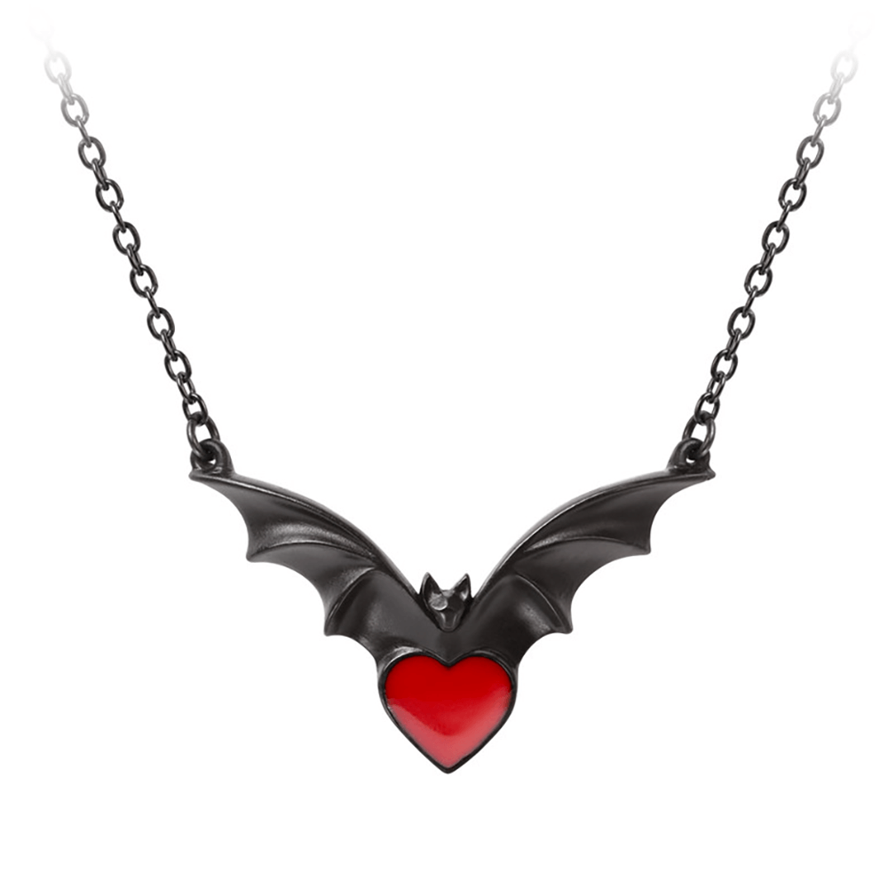 Gothic bat necklace featuring a red enamel heart pendant, perfect for dark occasions and modern goth style.