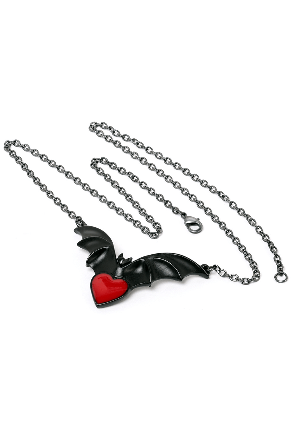 Gothic bat necklace featuring a striking red enamel heart pendant, perfect for dark romantic occasions.
