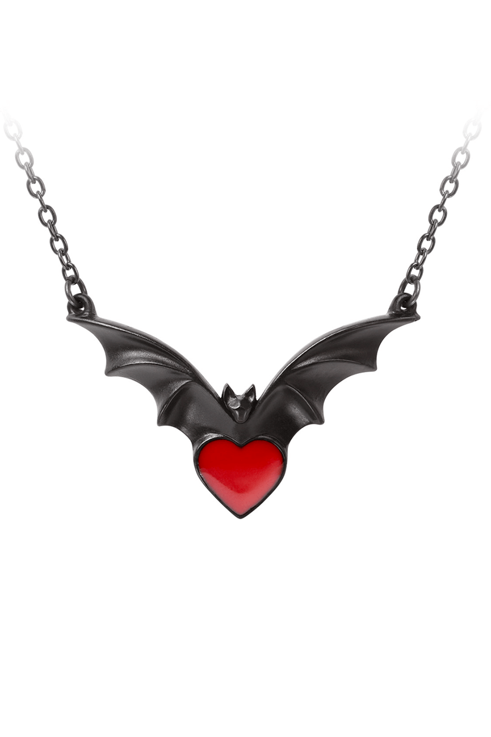 Gothic bat necklace featuring a striking red enamel heart pendant, perfect for unique dark fashion styles.