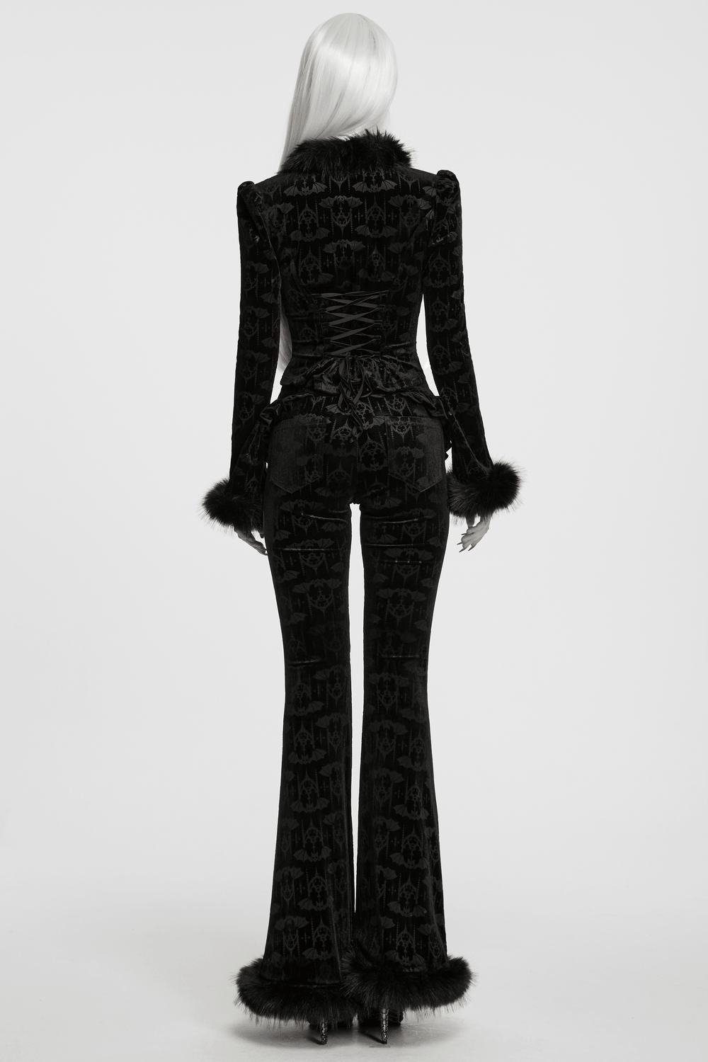 Gothic Bat Pattern Flared Pants with Ruffled Waist showcased from the back, featuring faux fur trim and bat pattern.