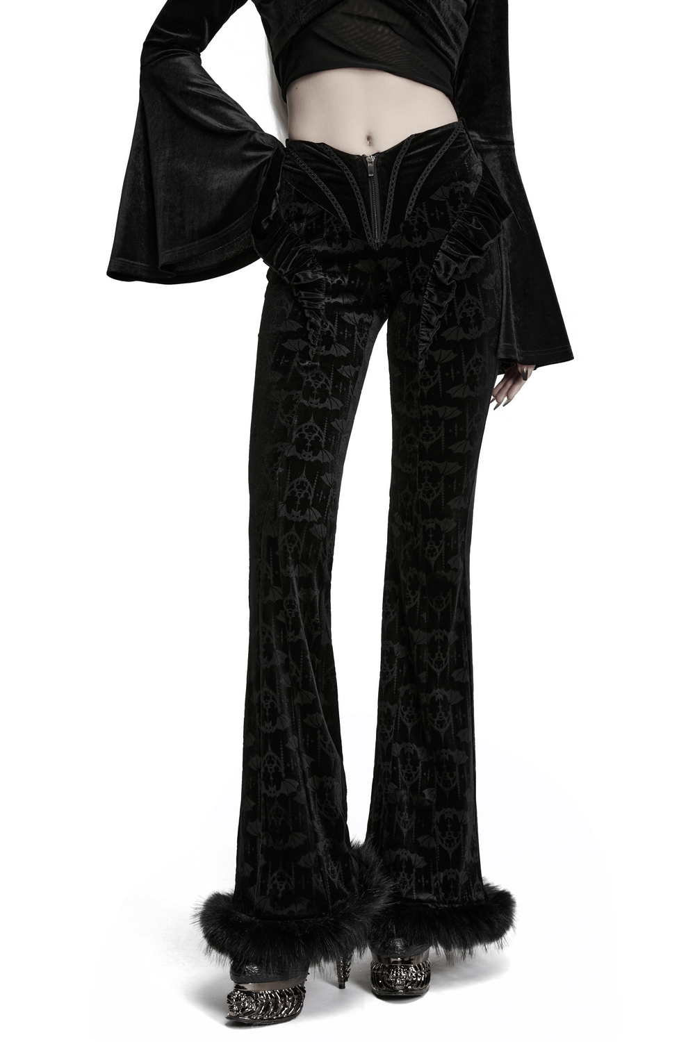 Gothic Bat Pattern Flared Pants with Ruffled Waist featuring a velvet design and faux fur trim.