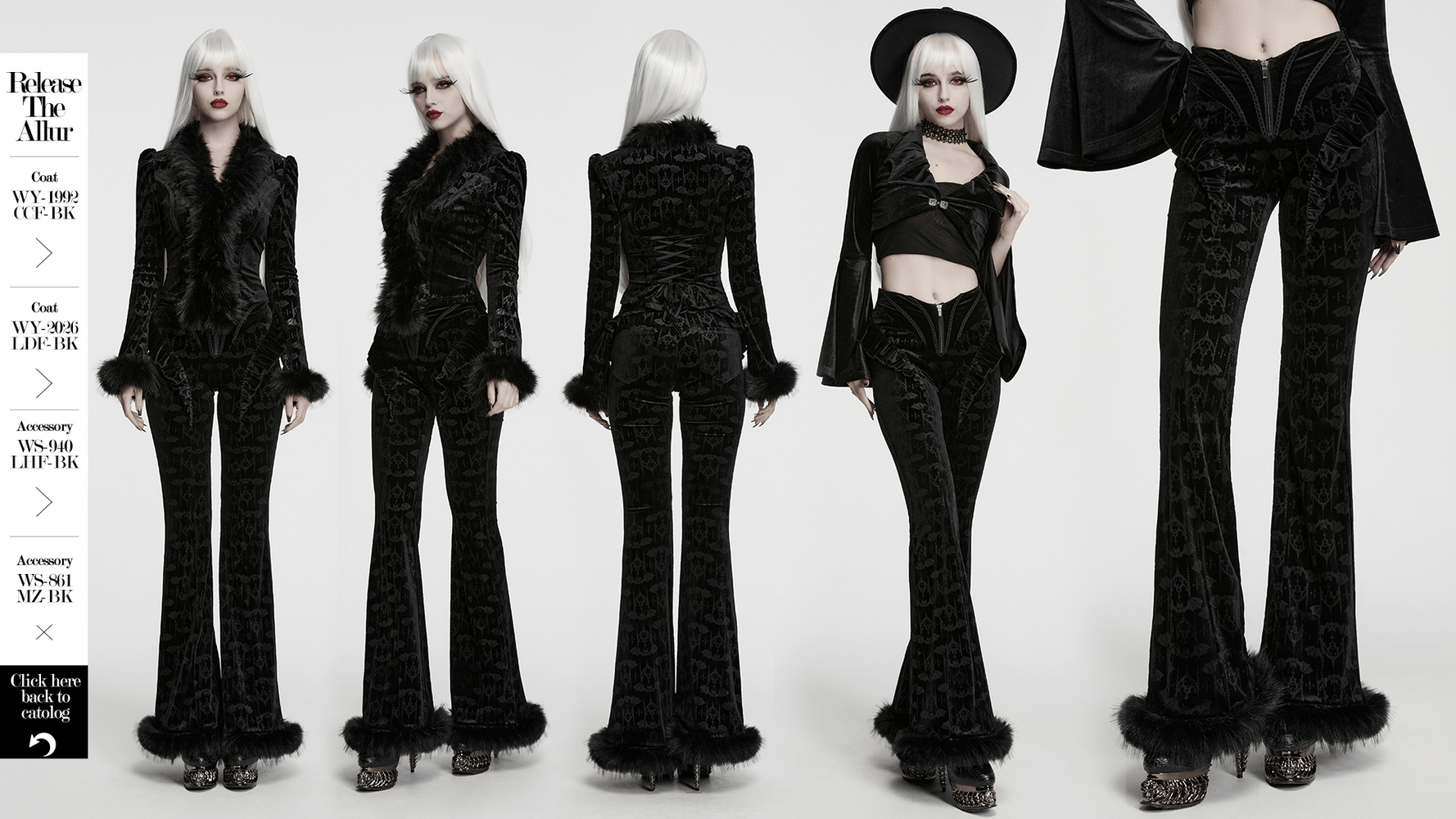 Gothic Bat Pattern Flared Pants with Ruffled Waist showcased in black velvet with faux fur trim, perfect for gothic looks.