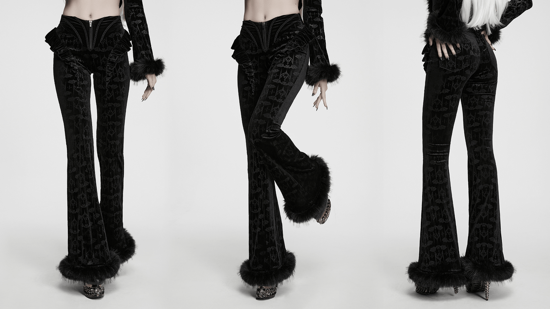 Gothic Bat Pattern Flared Pants with Ruffled Waist showcased in black velvet with faux fur trim.