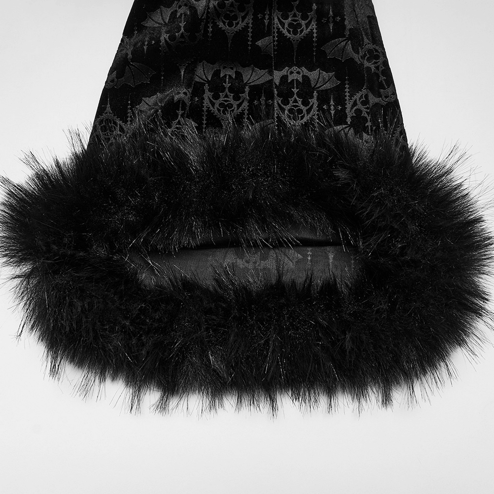 Gothic Bat Pattern Flared Pants with Ruffled Waist featuring luxurious faux fur trim.