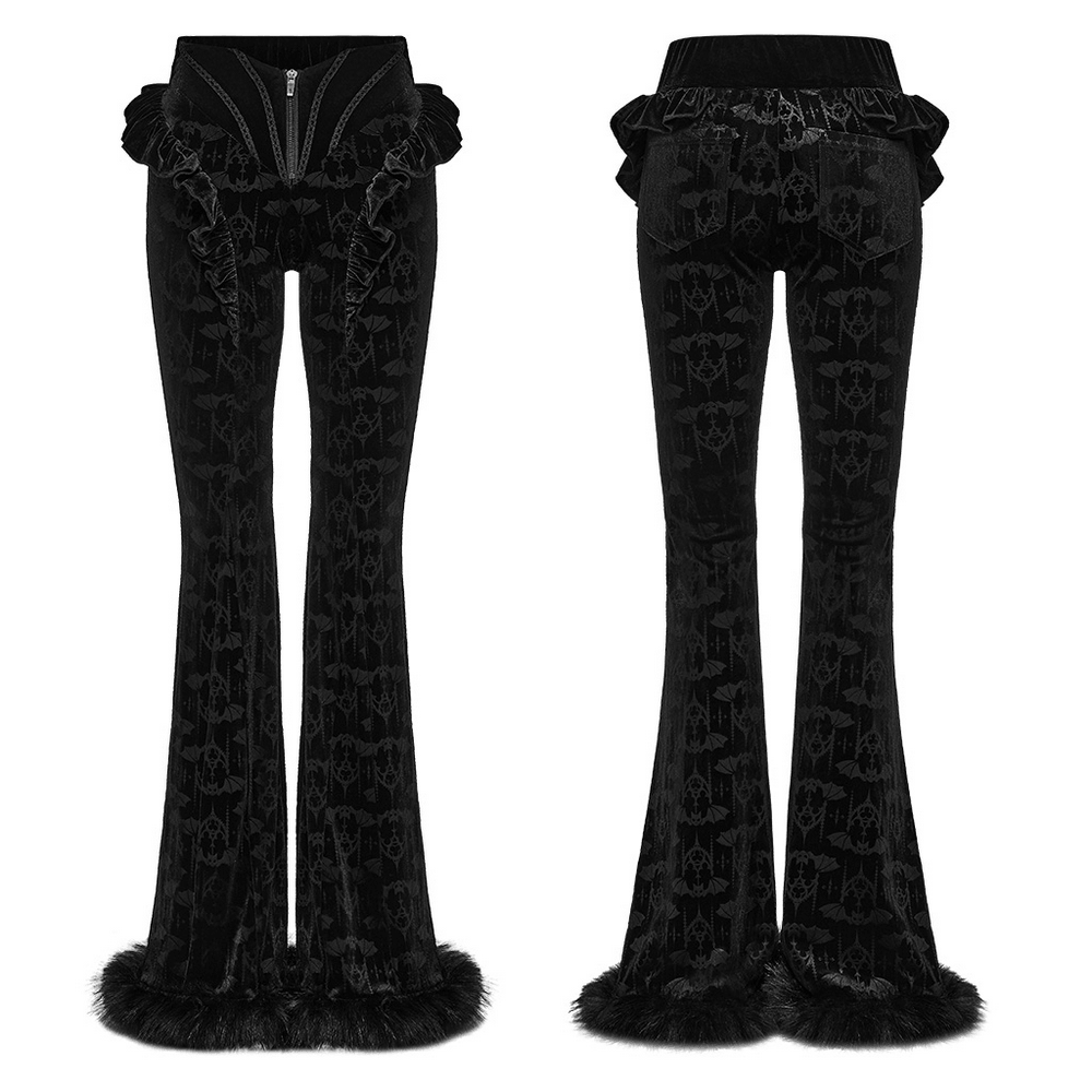Gothic Bat Pattern Flared Pants with Ruffled Waist in black velvet, featuring ruffles and faux fur trim for a dramatic look.