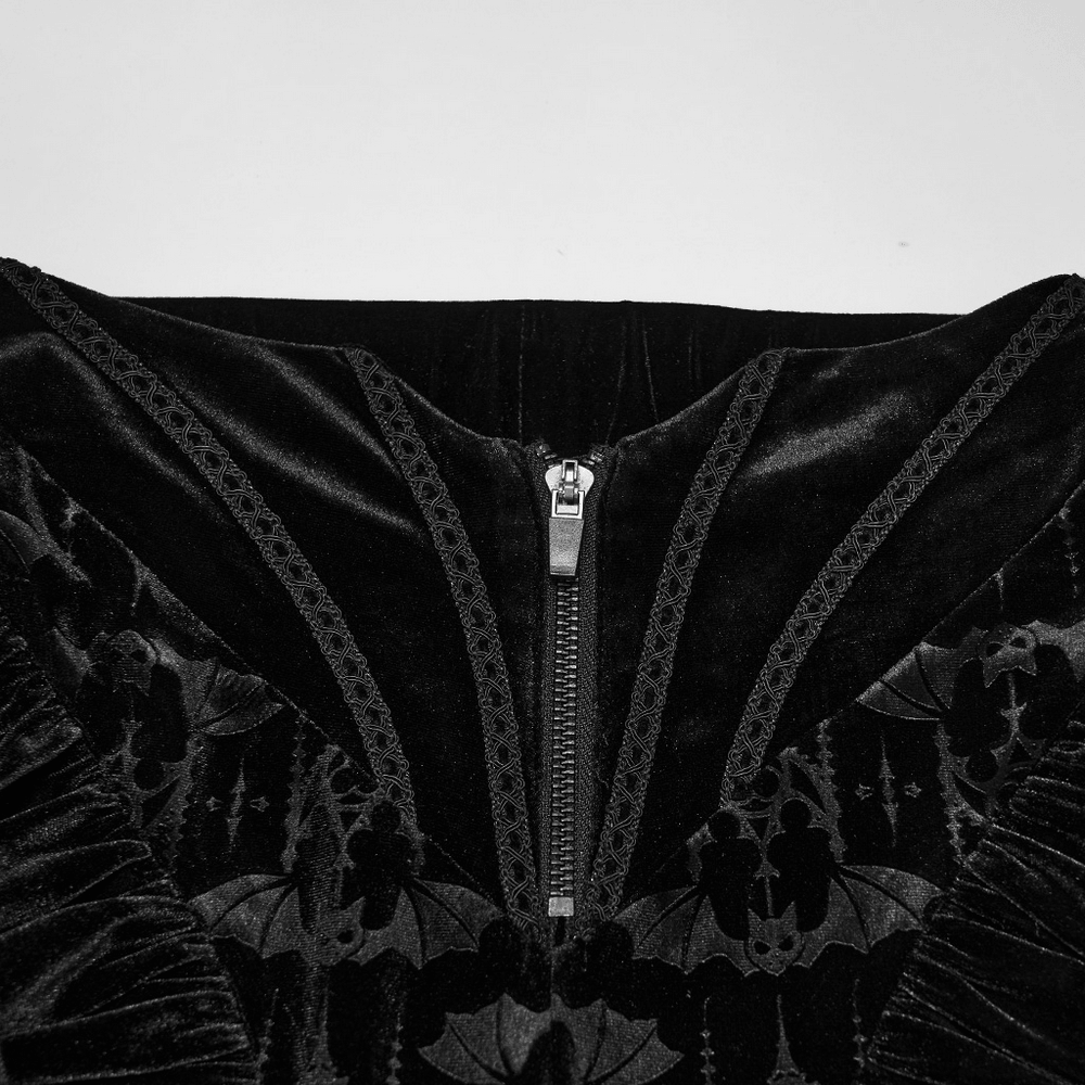 Gothic Bat Pattern Flared Pants with Ruffled Waist showcasing the detailed zipper and embossed bat pattern.