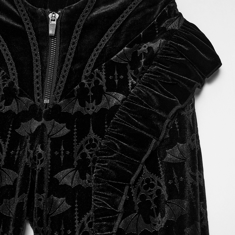 Gothic Bat Pattern Flared Pants with Ruffled Waist close-up view featuring embossed bat pattern and faux fur trim.