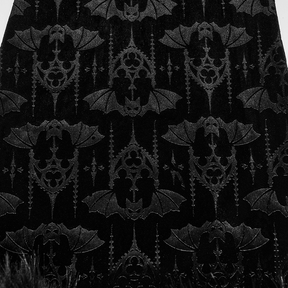 Gothic Bat Pattern Flared Pants with Ruffled Waist in black velvet with embossed bat design.