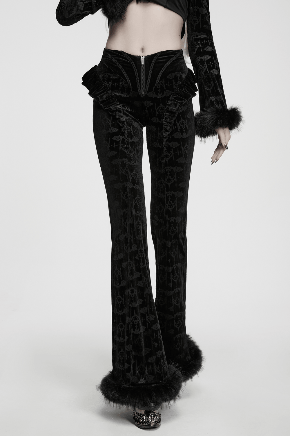 Gothic Bat Pattern Flared Pants with Ruffled Waist featuring velvet fabric and faux fur trim for a dramatic gothic style.