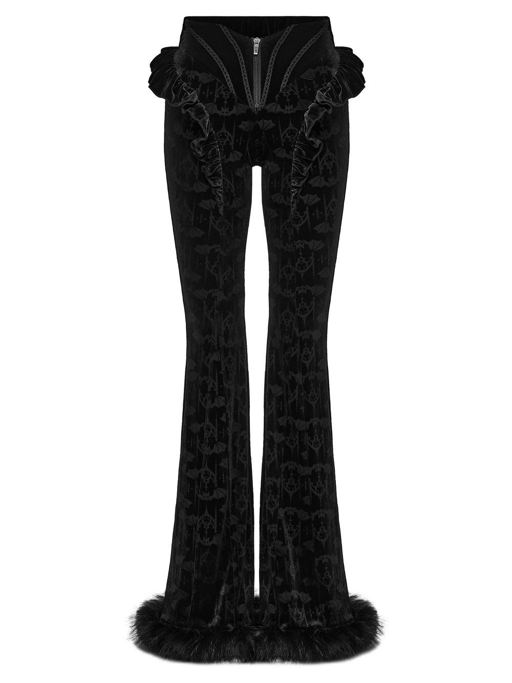 Gothic Bat Pattern Flared Pants with Ruffled Waist featuring plush faux fur trim and stylish bat pattern.