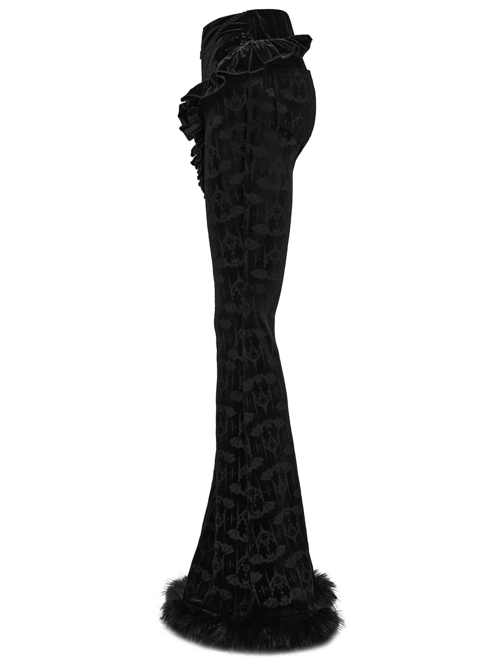 Gothic Bat Pattern Flared Pants with Ruffled Waist showcasing plush faux fur trim and dramatic bell-leg silhouette.
