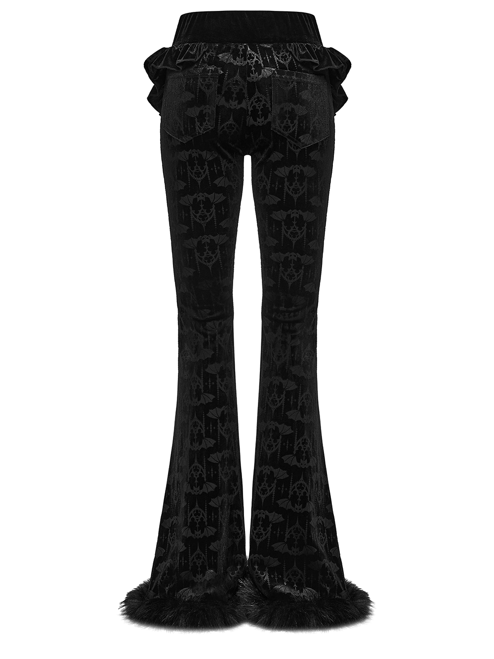Gothic Bat Pattern Flared Pants with Ruffled Waist showcasing a black velvet design with faux fur trim and embossed bat pattern.