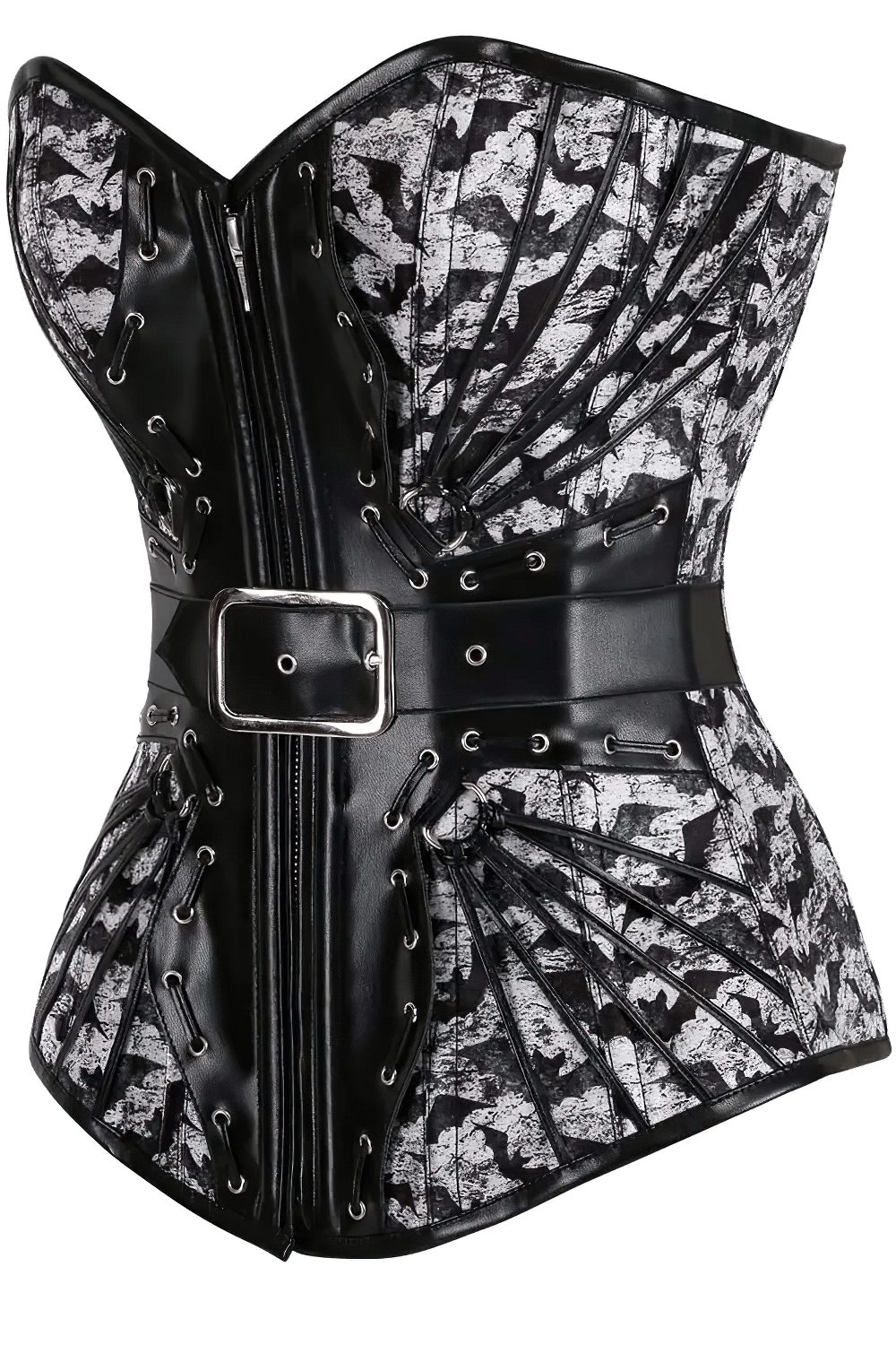 Gothic Bat Print Overbust Corset with Buckled Waist Details, gray gothic-industrial black and steel-silver bustier with bat print
