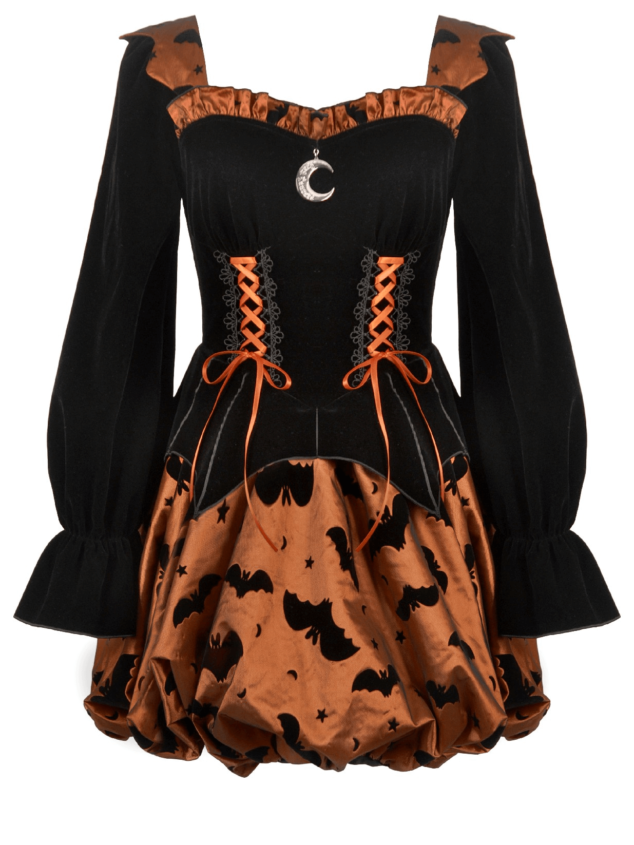 Gothic Bat Print Puff Sleeved Dress with Corset Lacing, featuring a bat print skirt and lace-up corset.