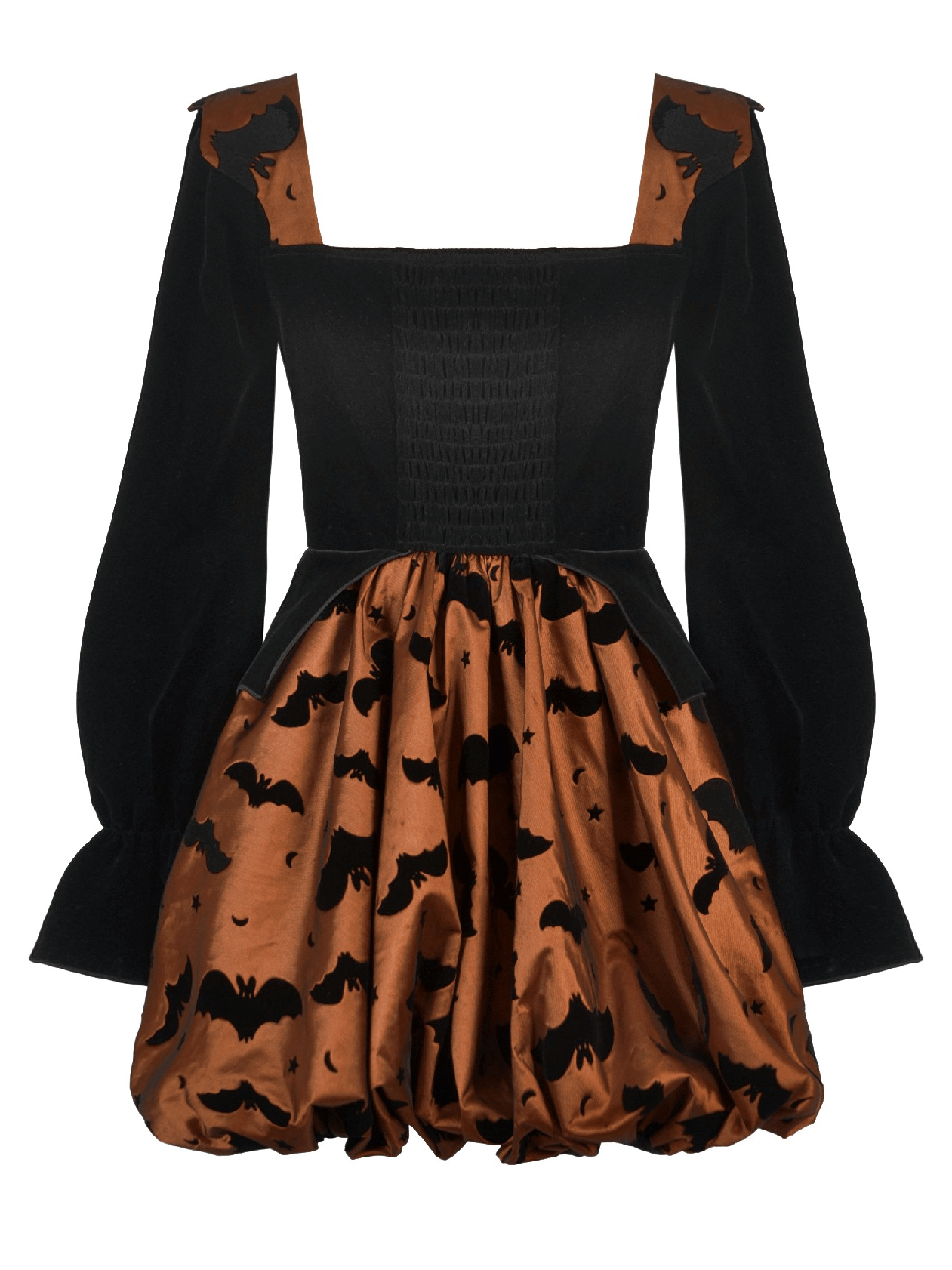 Gothic Bat Print Puff Sleeved Dress with Corset Lacing featuring a bold bat print and puff sleeves.