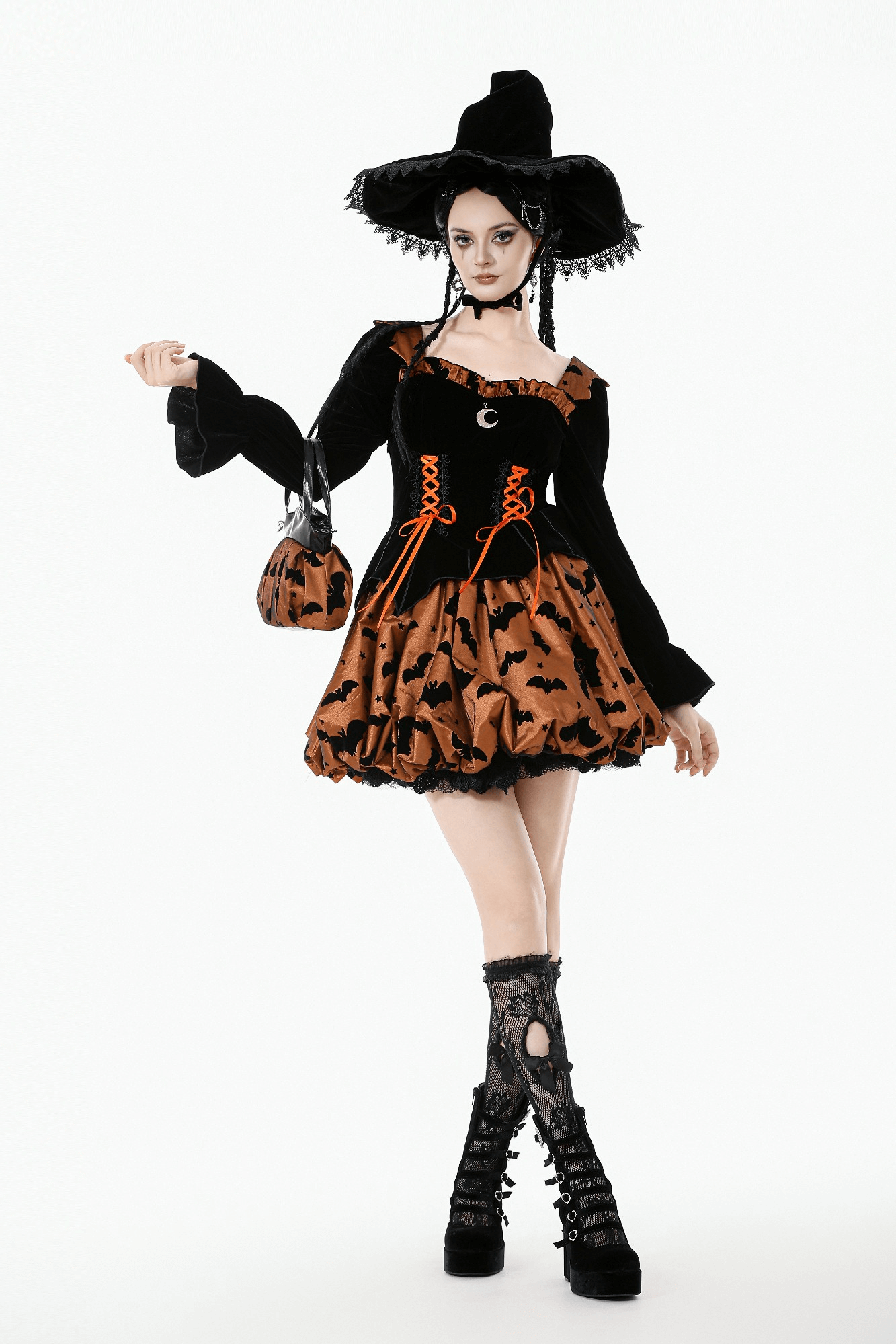 Gothic Bat Print Puff Sleeved Dress with Corset Lacing on a model, showcasing velvet and lace-up details.