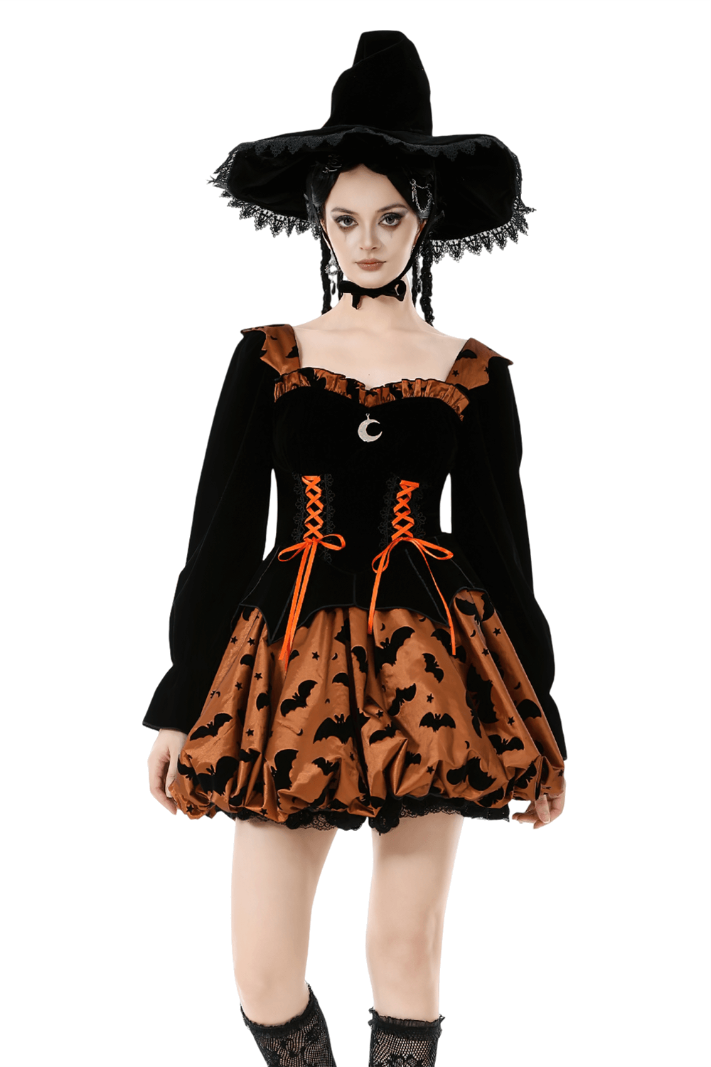 Gothic Bat Print Puff Sleeved Dress with Corset Lacing featuring velvet fabric and fun bat print.