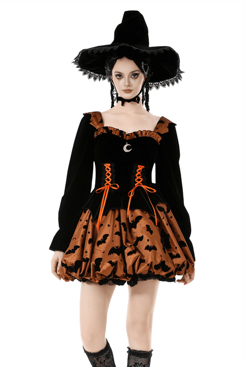 Gothic Bat Print Puff Sleeved Dress with Corset Lacing
