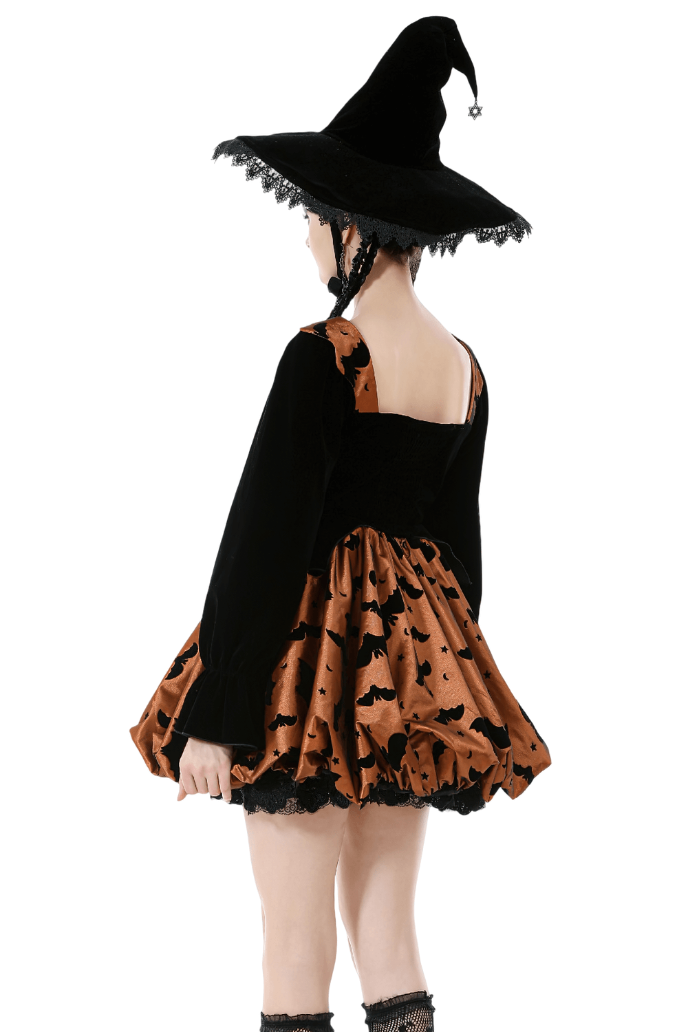 Gothic Bat Print Puff Sleeved Dress with Corset Lacing featuring a dramatic bat print skirt and elegant puff sleeves.