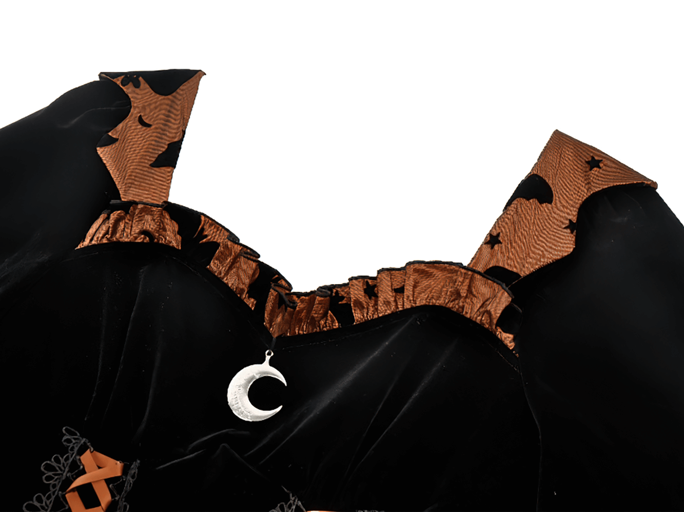 Gothic Bat Print Puff Sleeved Dress with Corset Lacing featuring bat print sleeves and crescent moon pendant.
