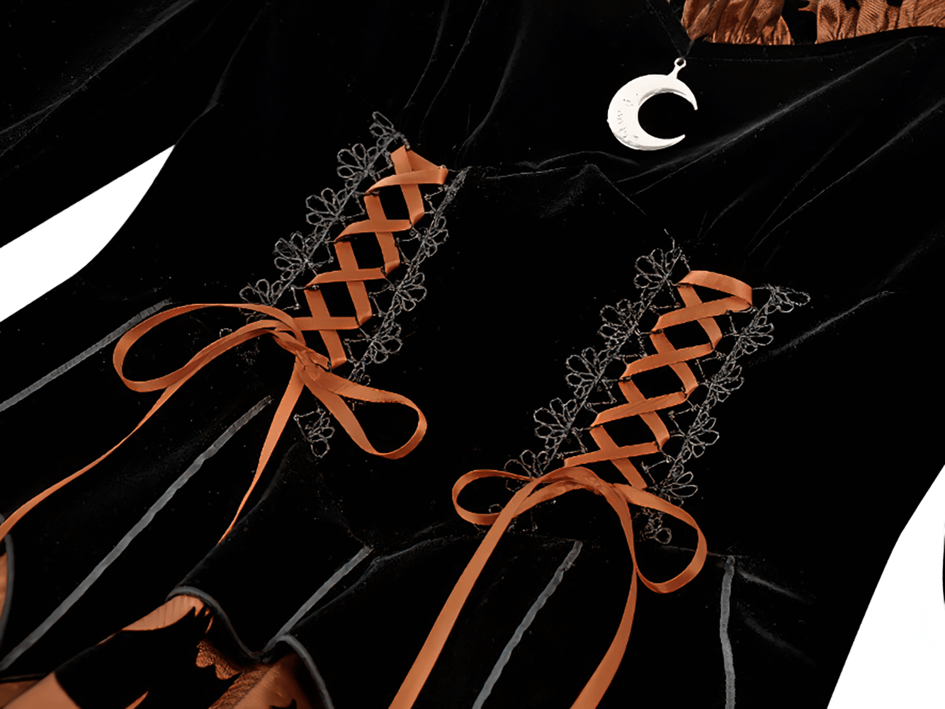 Gothic Bat Print Puff Sleeved Dress with Corset Lacing showcasing lace-up details and crescent moon pendant.