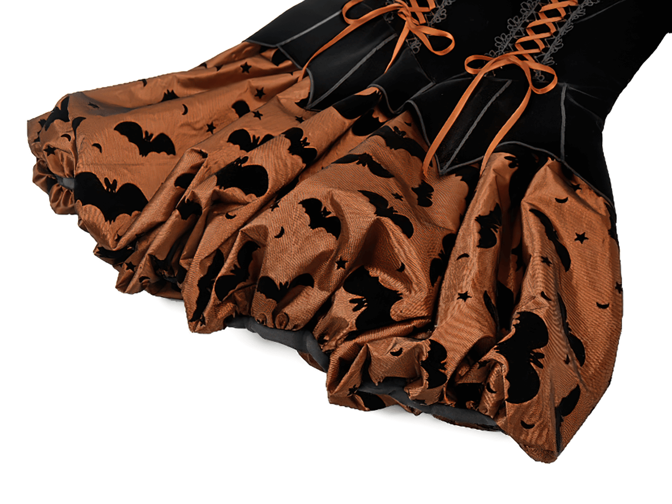 Gothic Bat Print Puff Sleeved Dress with Corset Lacing showcasing bat print and lace-up details.
