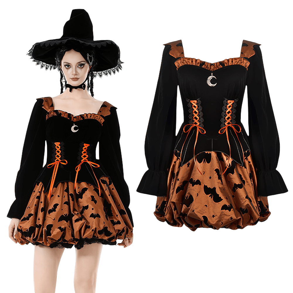 Gothic Bat Print Puff Sleeved Dress with Corset Lacing showcasing a black and rust design with dramatic puff sleeves.