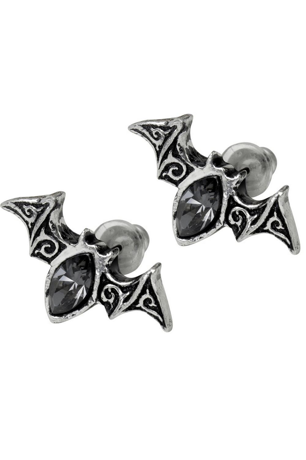 Stylized gothic bat stud earrings featuring black diamond crystal centerpiece and intricate pewter design.