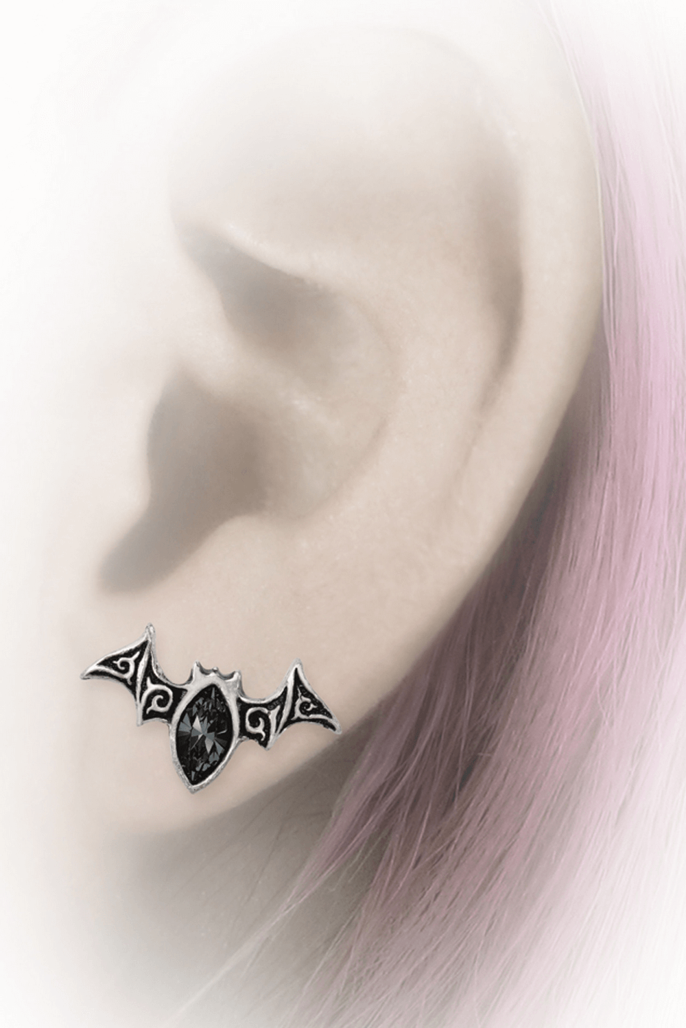 Gothic bat stud earrings with black diamond crystal, showcasing intricate pewter design for a bold statement.