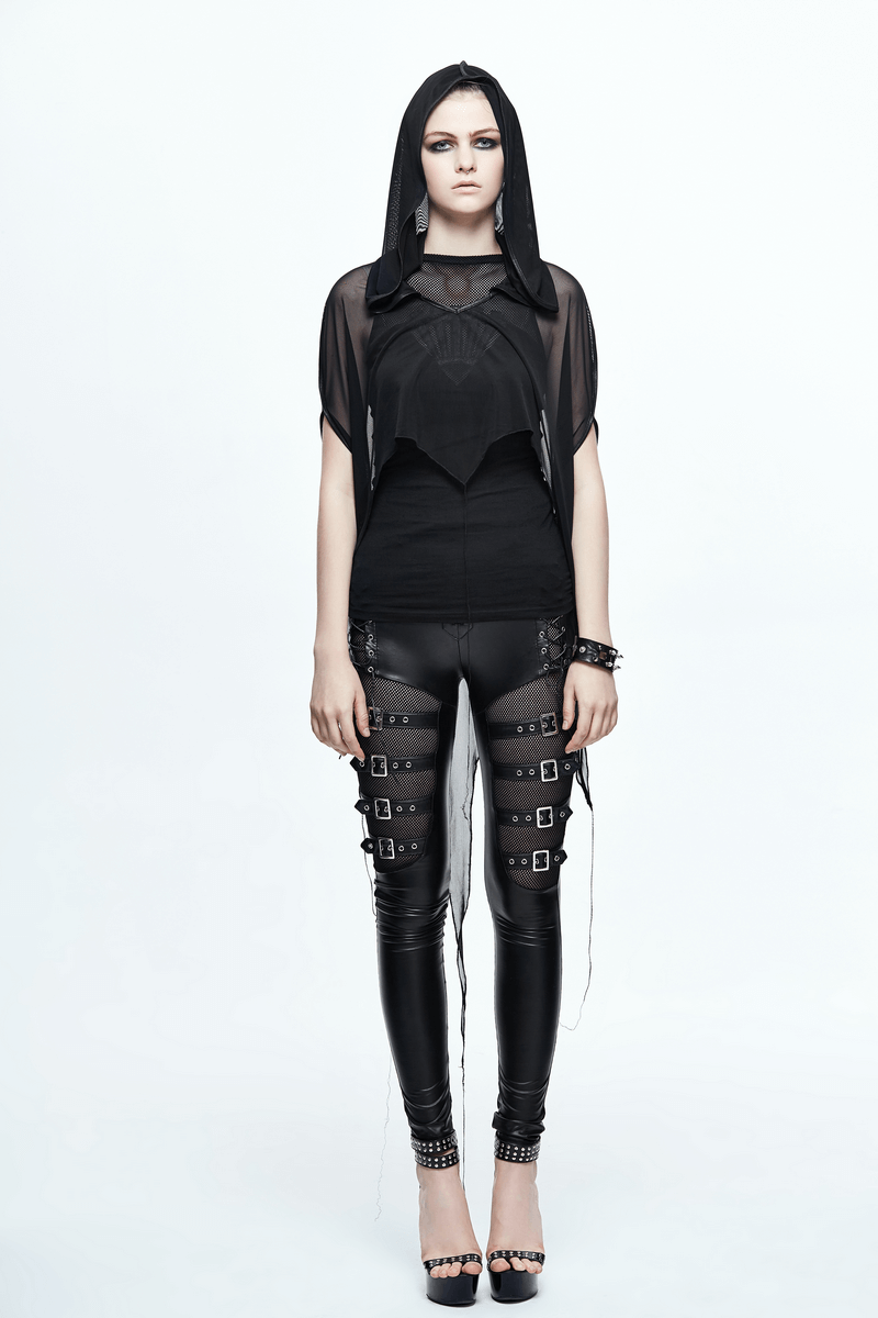 Gothic black mesh cape with hood, asymmetrical cut, worn by model in stylish black outfit.