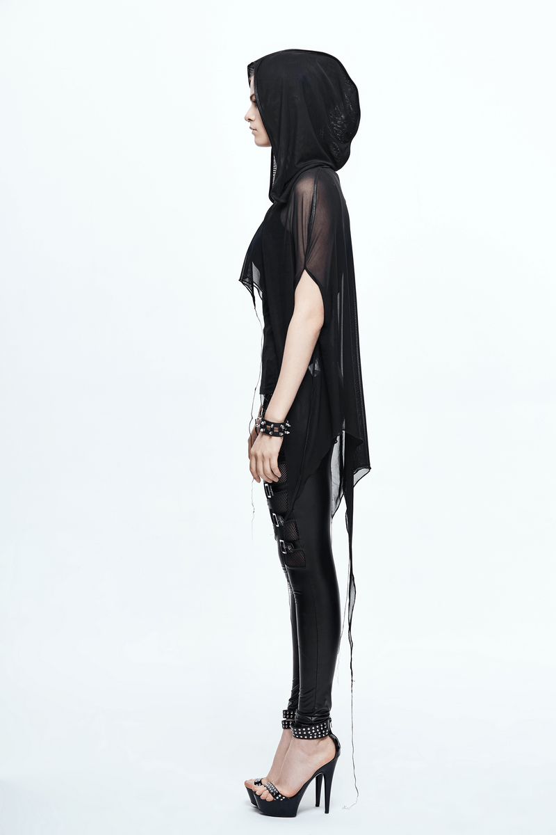 Side view of a woman wearing a black Gothic bat style hooded mesh cape with an asymmetrical hem.