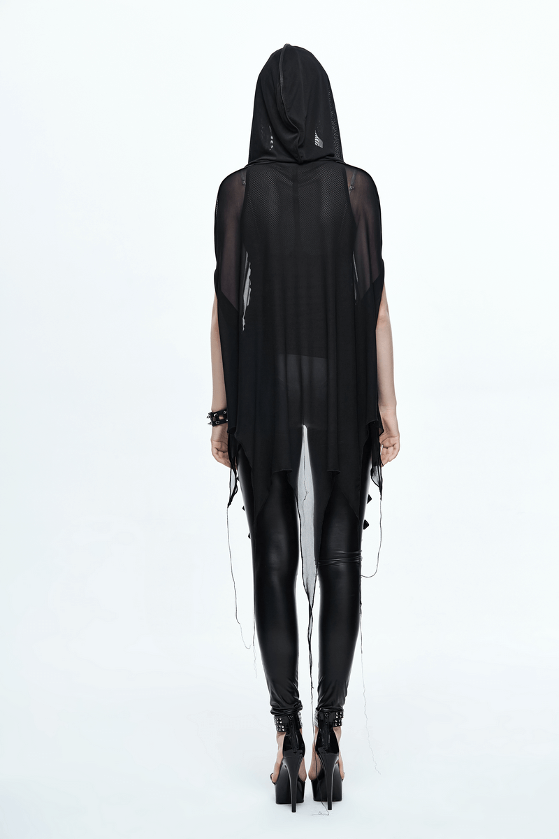 Gothic bat style hooded black mesh cape with asymmetrical hem, showcasing a stylish model from behind.