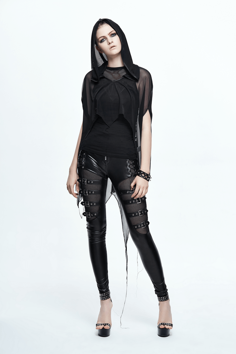 Gothic bat style hooded mesh cape on stylish model with asymmetrical hem and black leggings, showcasing a unique fashion look.