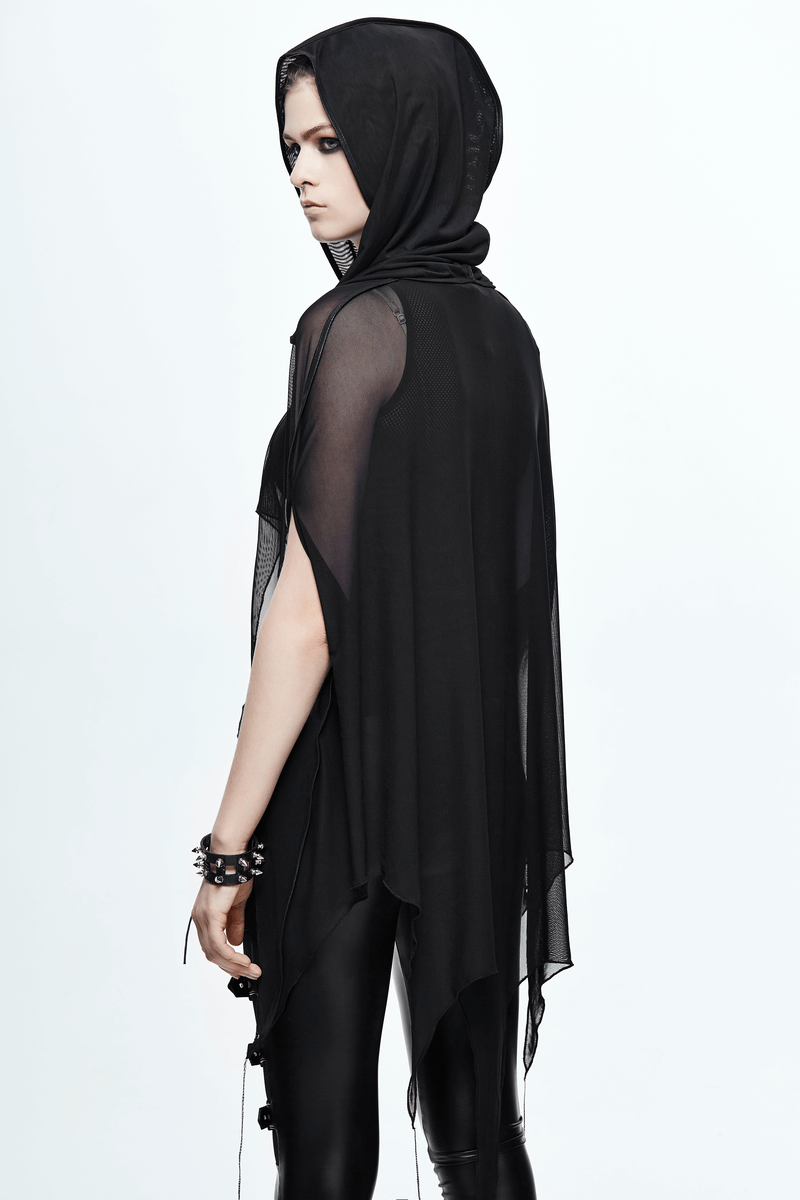 Gothic Bat Style Hooded Mesh Cape / Women's Black Asymmetrical Hem Cape - HARD'N'HEAVY