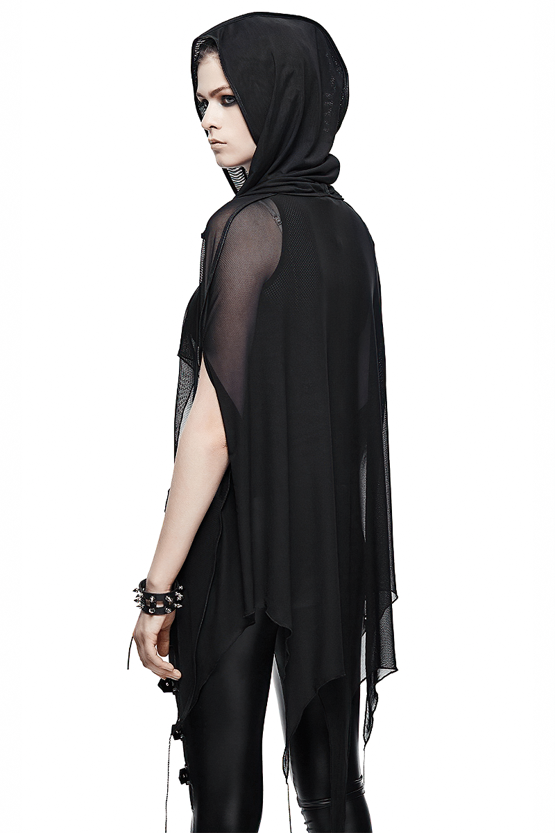 Gothic bat style hooded mesh cape for women, featuring an asymmetrical hem and lightweight black fabric.