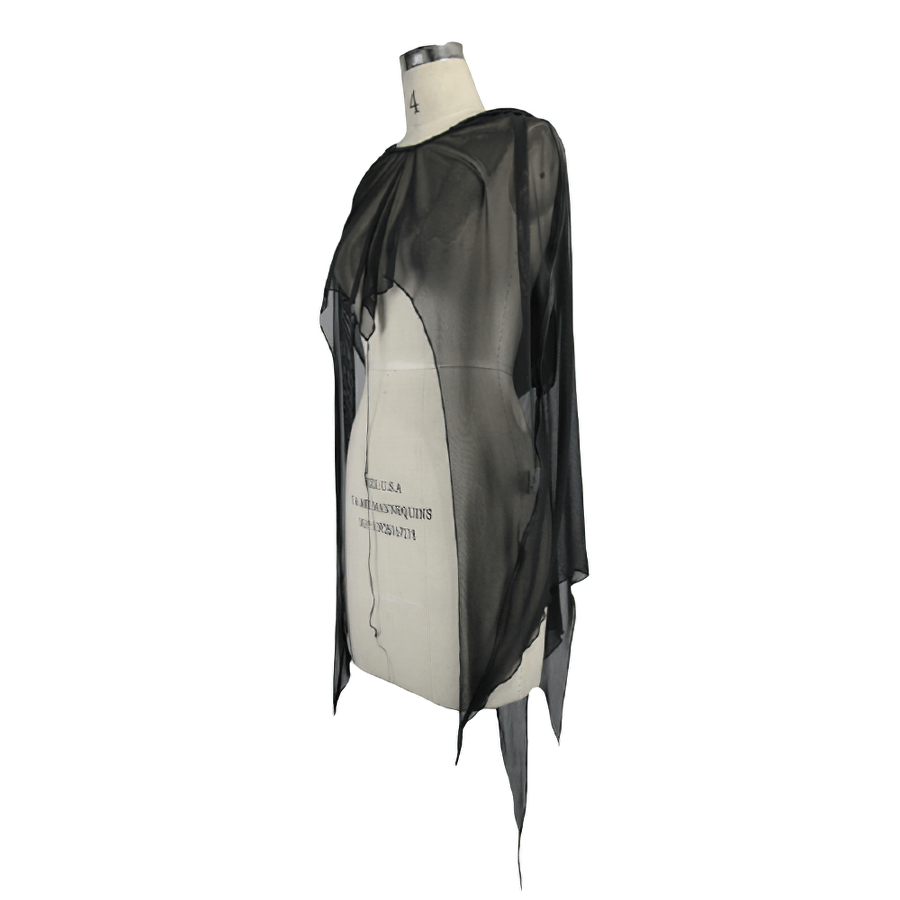 Gothic bat style women's black mesh cape with asymmetrical hem, perfect for adding a touch of elegance to any outfit.