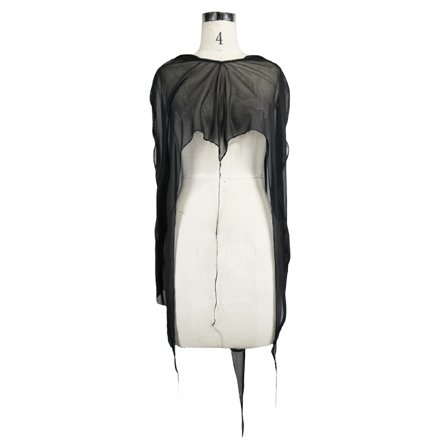 Gothic bat style hooded mesh cape for women, featuring asymmetrical hem and lightweight black fabric.