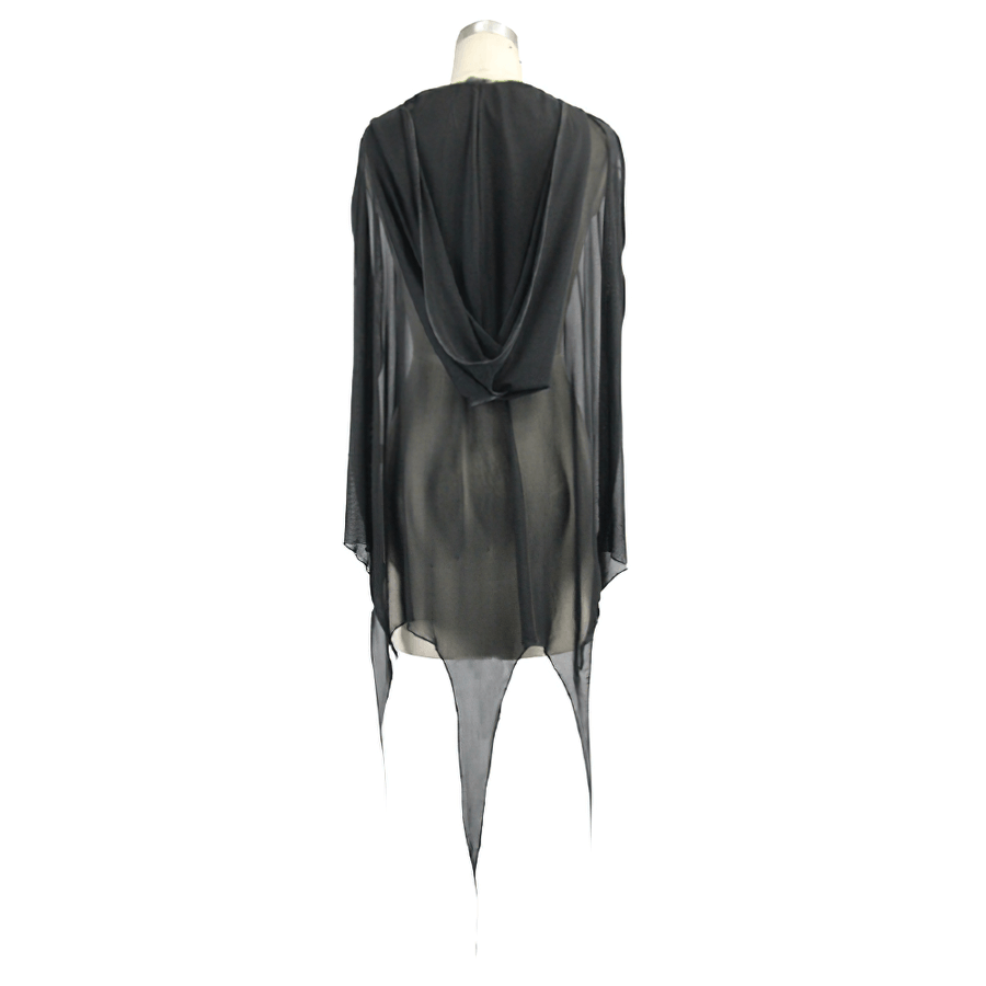 Women's gothic black mesh cape with hood and asymmetrical hem, perfect for a stylish and spooky look.